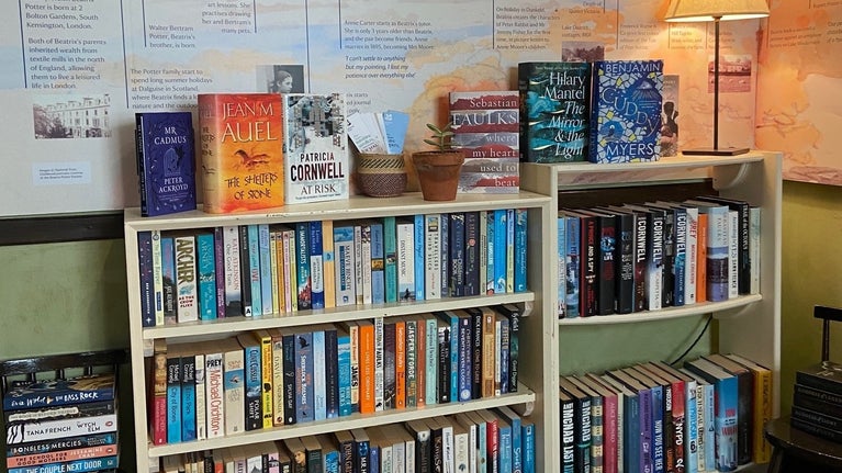 Book shelf holding second hand books in the newly open in Tabitha Twitchit's bookshop, Hawkshead, Cumbria